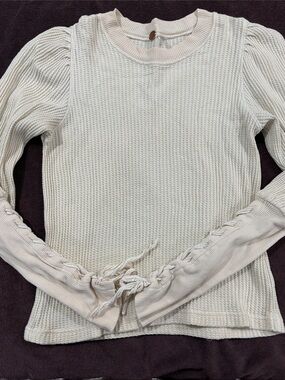 Free People One  Women's Cream Knit Long-Sleeve Top with Lace-Up Cuffs